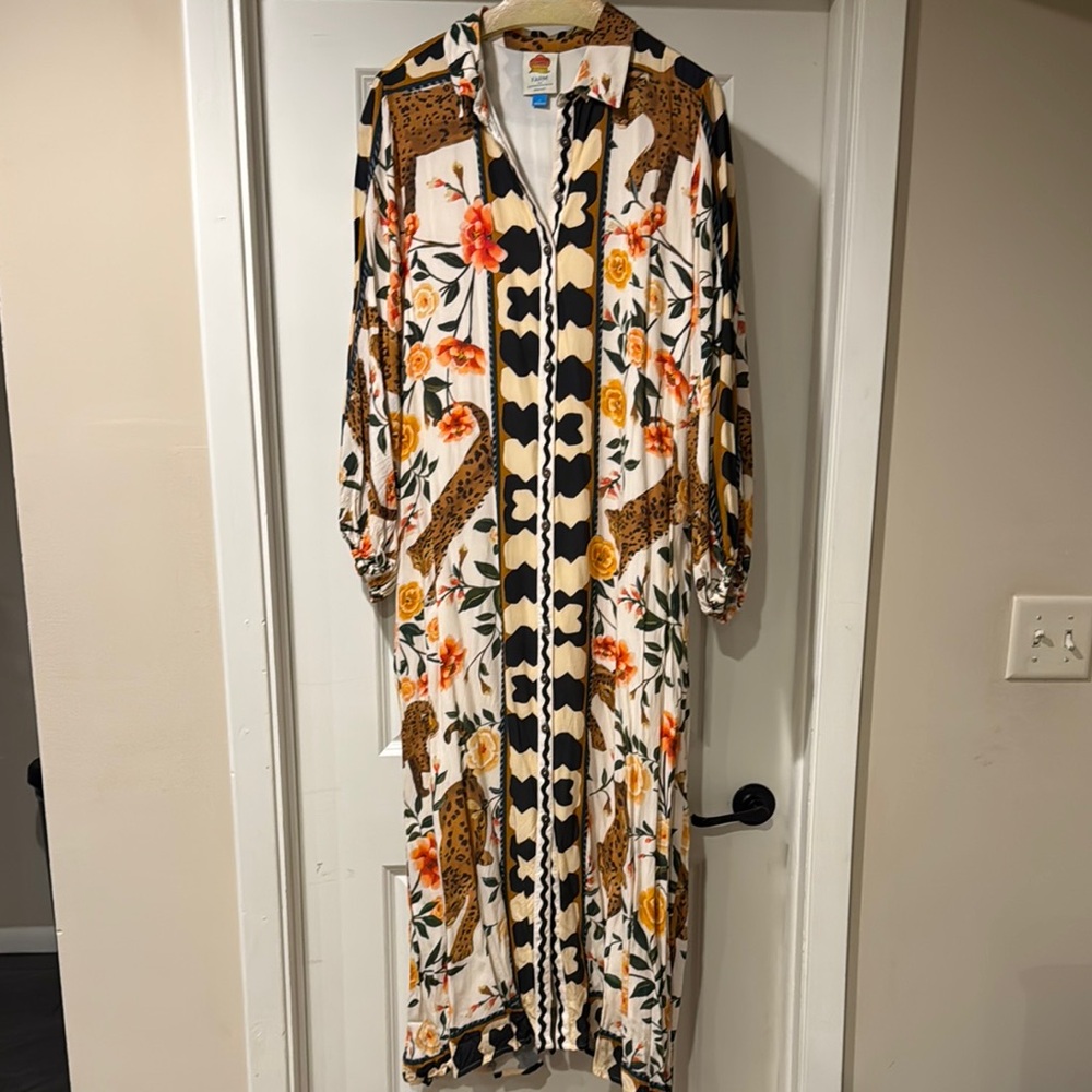 Anthropologie Floral & Leopard Maxi Dress in Cream, Black, Orange, Yellow